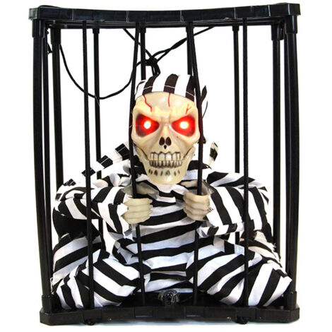 Gruseliges animiertes Skelett mit leuchtenden Augen für Halloween-Dekoration, Gefangener in einem beleuchteten Käfig für Spukhäuser