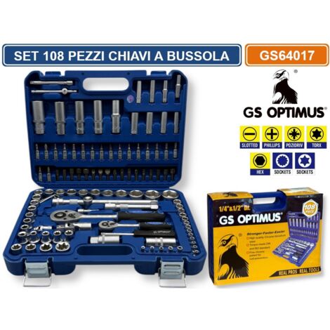 GS OPTIMUS GS64017 SET 108 PEZZI CHIAVI A BUSSOLA CON CRICCHETTO E ACCESSORI CROMO VANADIO CON VALIGIA