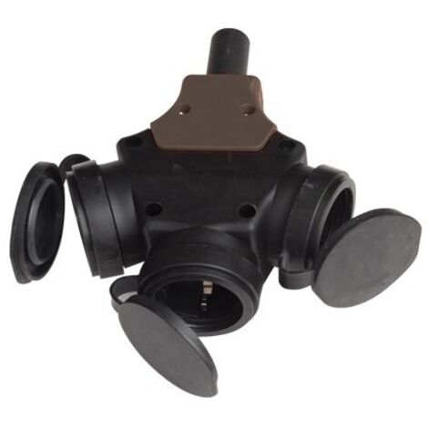 GSC – Fiche triple Schuko 2P+T avec couvercles IP44 – Puissance 3680W – Usage extérieur – Caoutchouc résistant – Connexion sécurisée