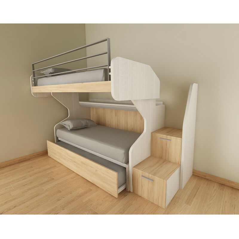 GSMINI - Lit superposé coulissant avec deuxième lit gigogne indépendant avec échelle à tiroirs - Chêne de roche et chêne - Chêne de roche et chêne