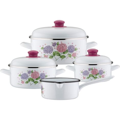 GSW Hortensie Set di pentole Ortensia, 7 Pezzi, Acciaio smaltato, plastica, Bianco