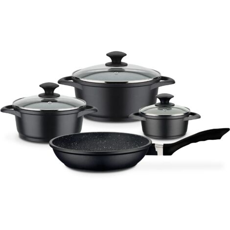 GSW Set di pentole e padelle Gourmet Granito – Set di alta qualità composto da pentole e padella, con coperchio, anche per cottura a induzione e forno, 7 pezzi, nero