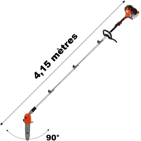 Gt Garden – Élagueuse thermique sur perche 52 cm3 – Tête orientable 0° à 90° – Longueur 4.15 mètres – Moteur 3 CV pour coupes précises