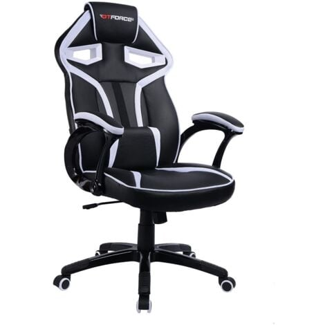 GTFORCE WHITE BLACK SPORT RACING CAR OFFICE CHAIR LEATHER GAMING DESK