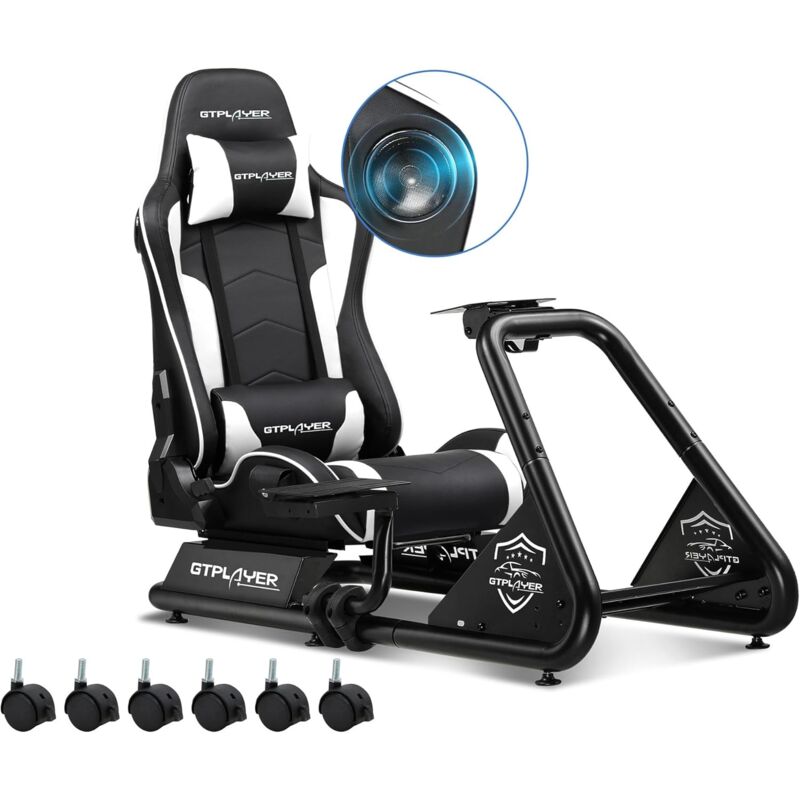 Simulateur de Conduite, Siège de Simulation pour pc avec Haut-Parleurs, Support pour Volant et Pédalier,Blanc - Gtplayer