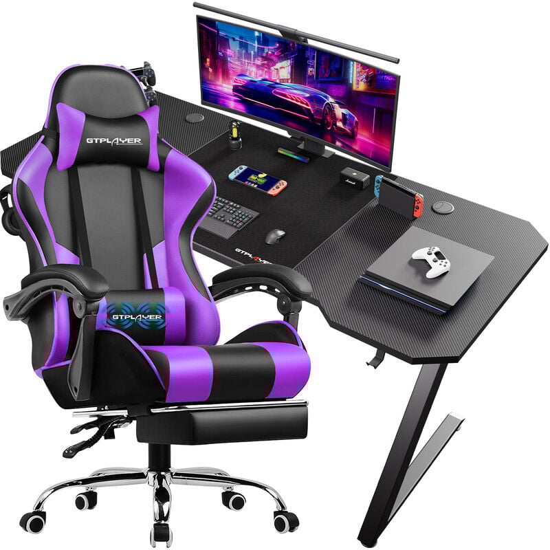 GTPLAYER Bureau Gamer 120cm + Chaise Gaming Ergonomique en Tissu,avec repose-pieds, coussin cervical et lombaire,Chaise Violet