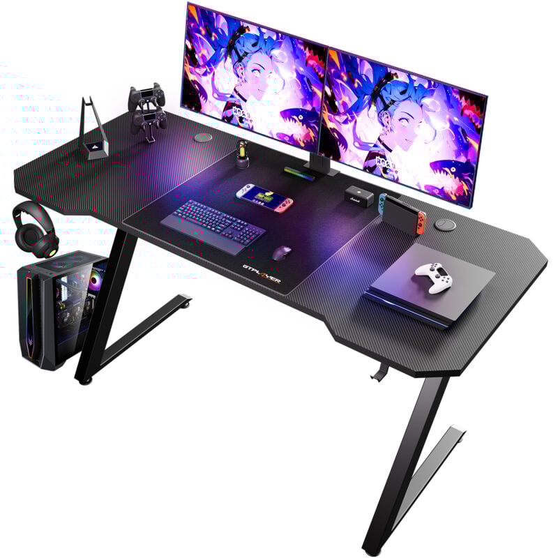 Bureau Gaming 120 x 60 cm, Bureau Gamer avec Tapis de Souris, Table Gaming pc en Fibre de Carbone avec Crochet pour Casque, Modèle de base - Gtplayer