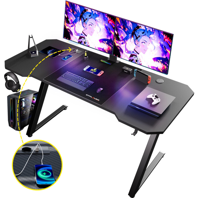 Bureau Gaming 120 x 60 cm, Bureau Gamer avec Tapis de Souris, Table Gaming pc en Fibre de Carbone avec Crochet pour Casque, Avec Prise - Gtplayer