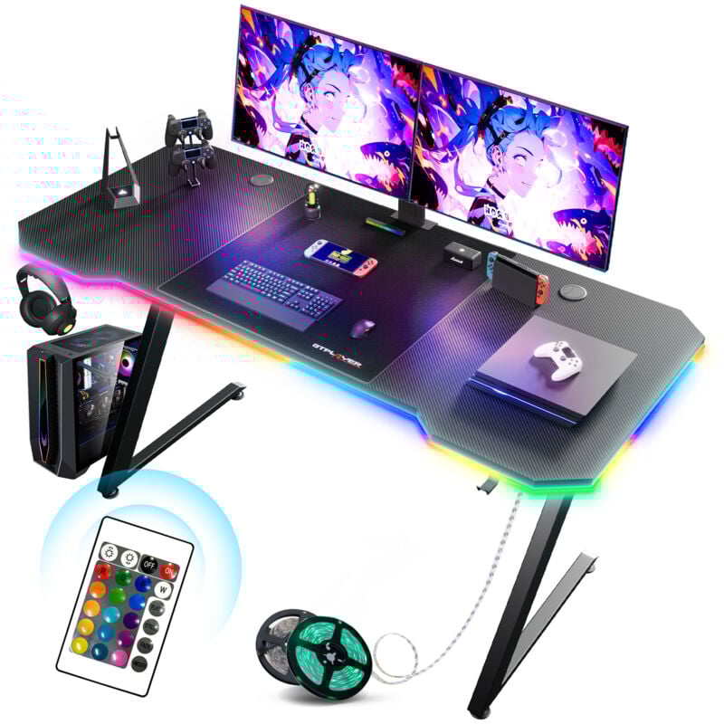 Bureau Gaming 120 x 60 cm, Bureau Gamer avec Tapis de Souris, Table Gaming pc en Fibre de Carbone avec Crochet pour Casque, Avec Lumière Led