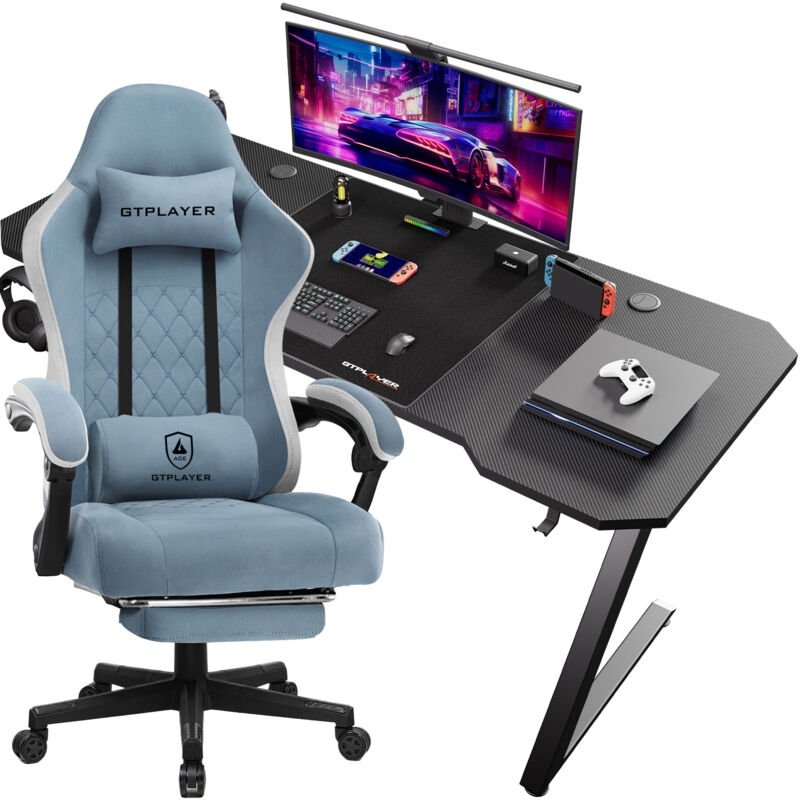 Chaise de gaming ergonomique avec surface en tissu, coussin de siège à ressort+Bureau Gamer 120 x 60 cm en Fibre de Carbone,Bleu clair - Gtplayer