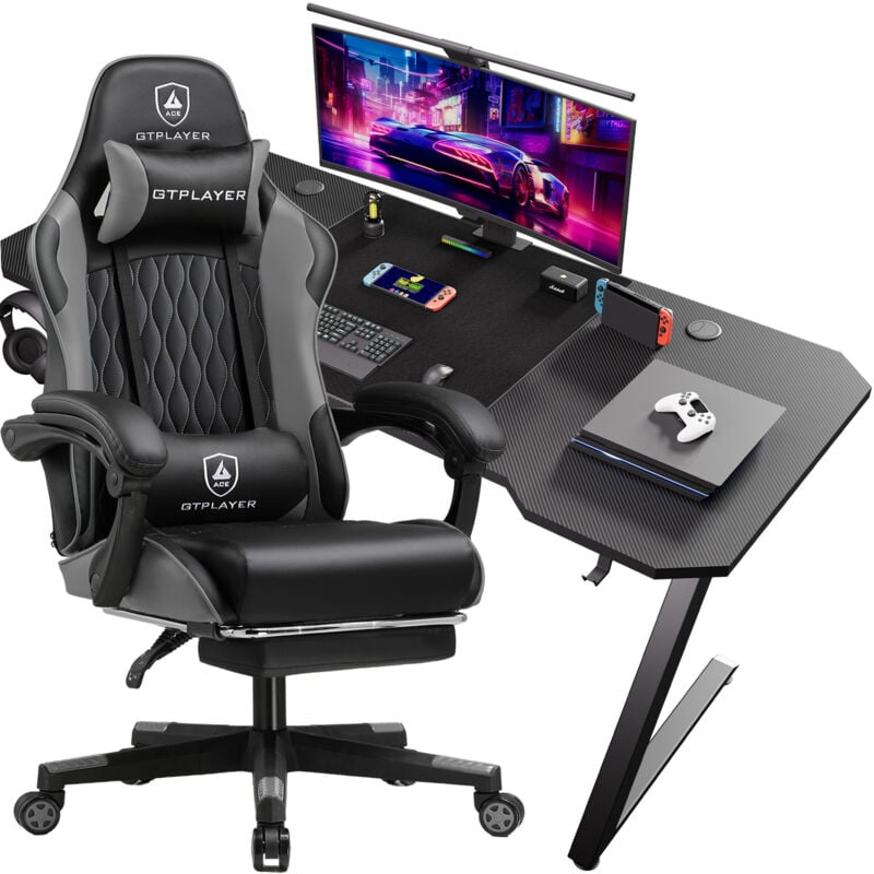 Chaise Gaming, avec Repose-Pied Télescopique, Ergonomique avec Appui-tête et Support Lombaire+Bureau Gamer 120 x 60 cm en Fibre de Carbone,Gris