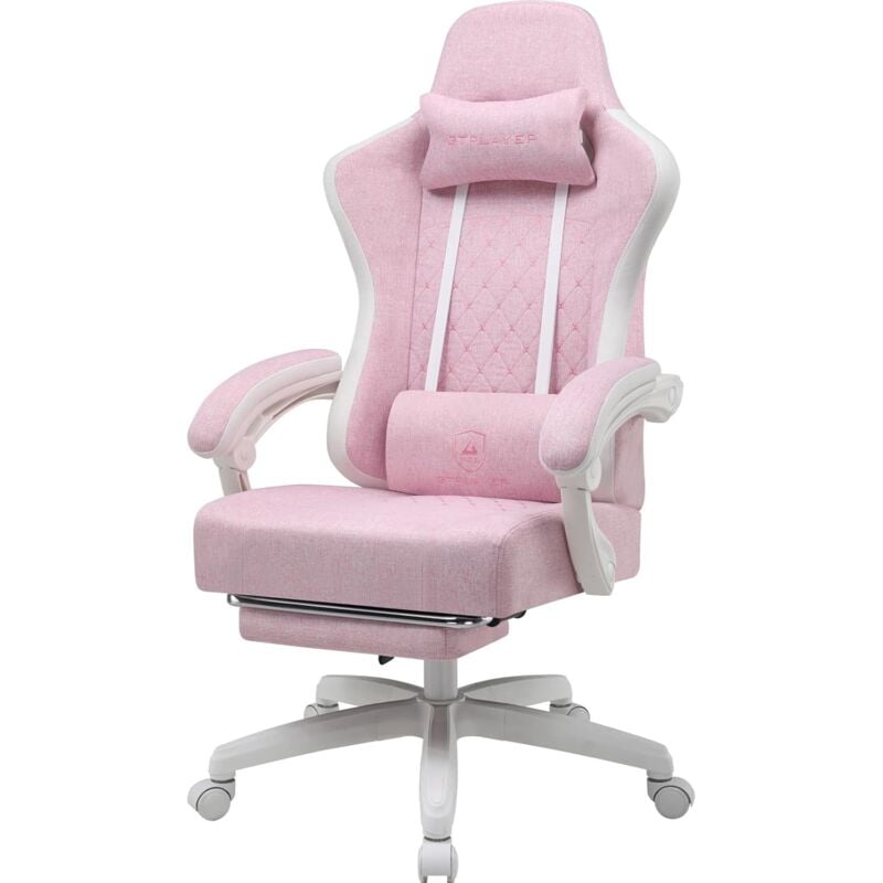 Chaise de gaming ergonomique avec surface en tissu, coussin de siège à ressort, accoudoirs de connexion et repose-pieds,Blanc rosé - Gtplayer