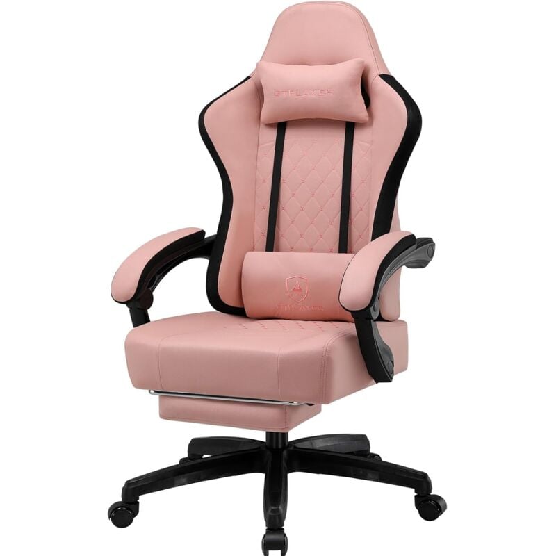 Chaise de gaming ergonomique avec surface en tissu, coussin de siège à ressort, accoudoirs de connexion et repose-pieds Noir/rose - Gtplayer