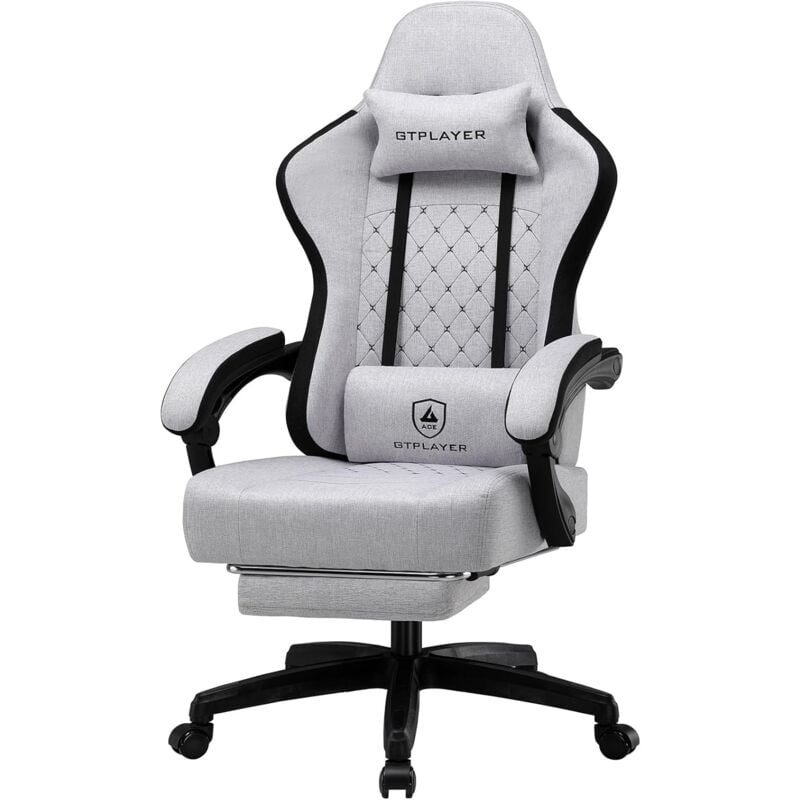Chaise de gaming ergonomique avec surface en tissu, coussin de siège à ressort, accoudoirs de connexion et repose-pieds,Gris anthracite - Gtplayer