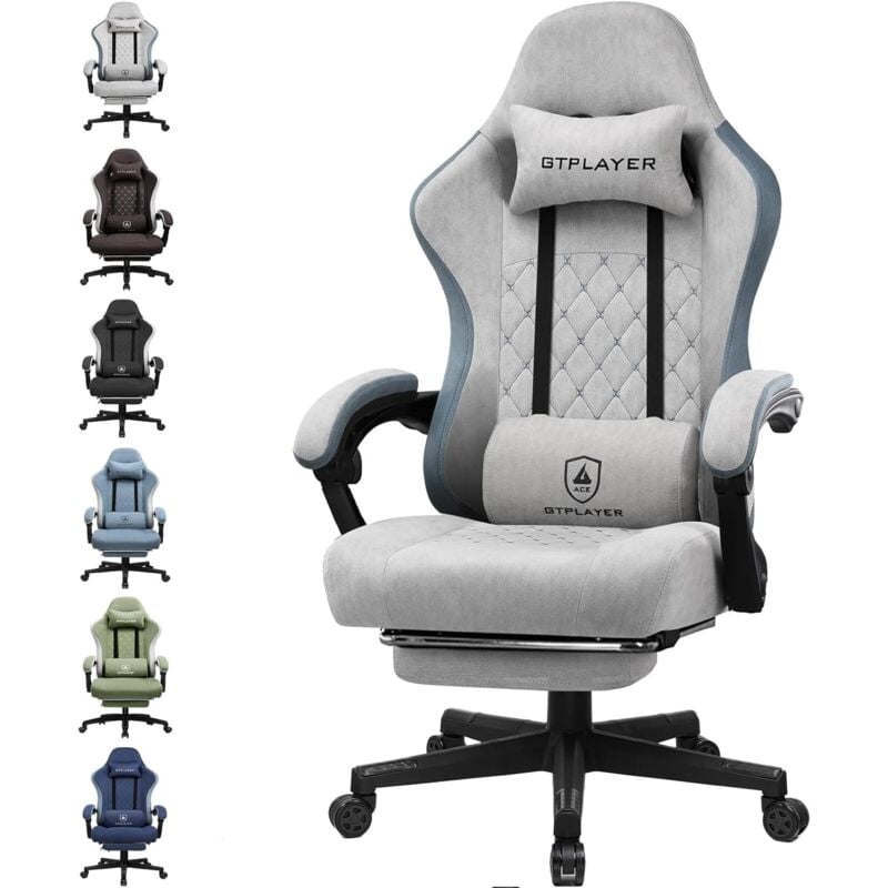 Gtplayer - Chaise de gaming ergonomique avec surface en tissu, coussin de siège à ressort, accoudoirs de connexion et repose-pieds,Gris