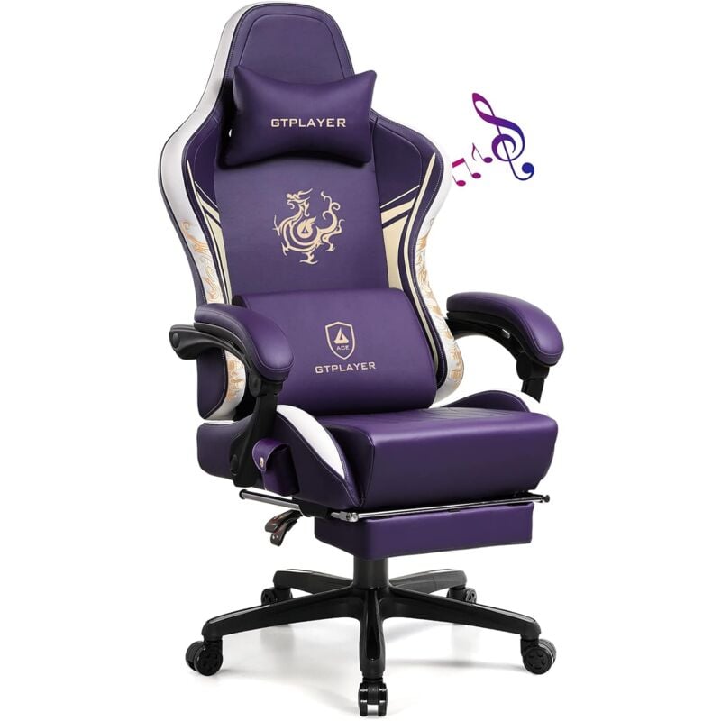 Gtplayer - Chaise Gaming, Ergonomique Chaise Bureau Dragon Series avec Haut-Parleur Bluetooth et Repose-Pieds Rétractable, Fauteuil pivotant en Cuir