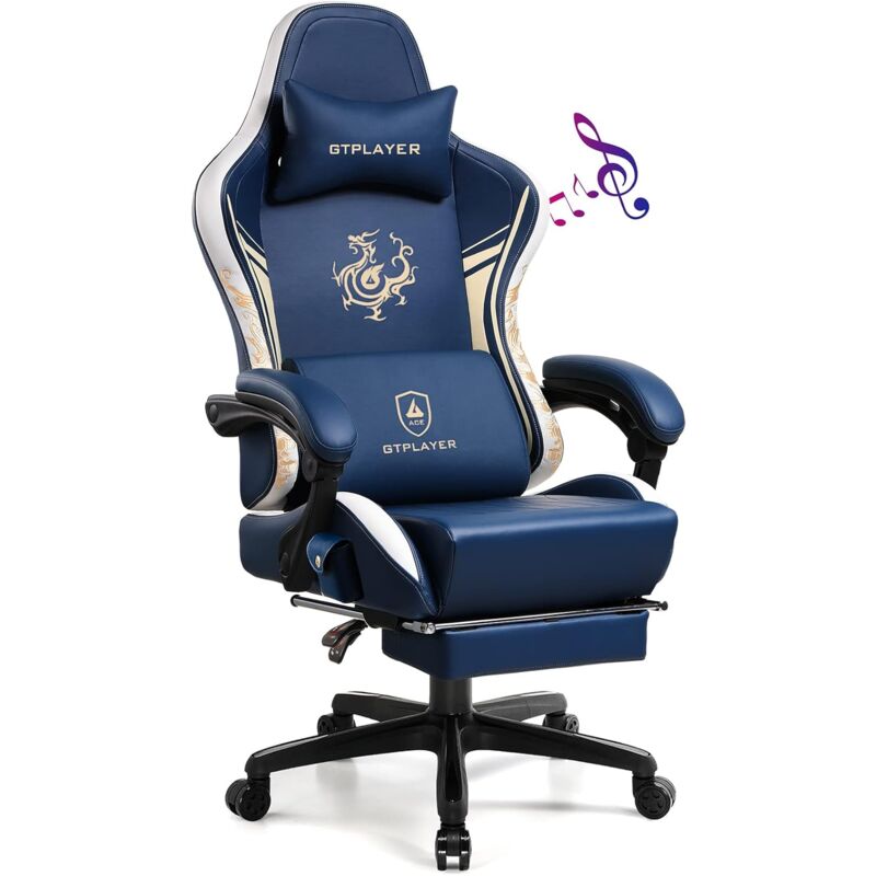 Gtplayer - Chaise Gaming, Ergonomique Chaise Bureau Dragon Series avec Haut-Parleur Bluetooth et Repose-Pieds Rétractable, Fauteuil pivotant en Cuir