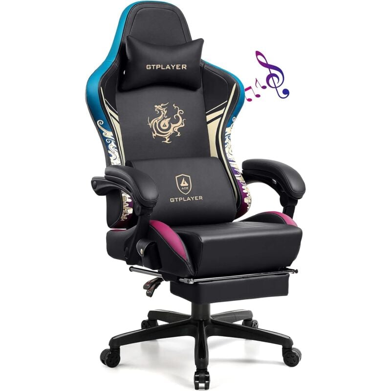 Gtplayer - Chaise Gaming, Ergonomique Chaise Bureau Dragon Series avec Haut-Parleur Bluetooth et Repose-Pieds Rétractable, Fauteuil pivotant en Cuir