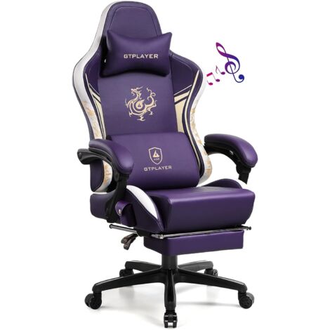 GTPLAYER Chaise Gaming, Ergonomique Chaise Bureau Dragon Series avec Haut-Parleur Bluetooth et Repose-Pieds Rétractable, Fauteuil pivotant en Cuir Joliment brodée, Inclinable, Violet