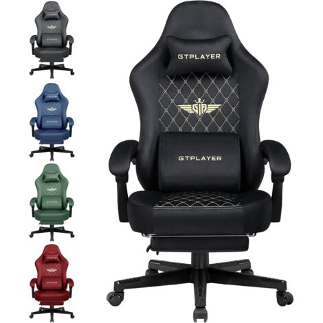 GTPLAYER Chaise Gaming Fauteuil Gaming Tissu Chaise Gamer Ergonomique Bureau Chaise PC, 150 kg, Chaise de Table RéGlable et Pivotante avec Coussin D'Assise à Ressorts et Repose-Pieds, Noir