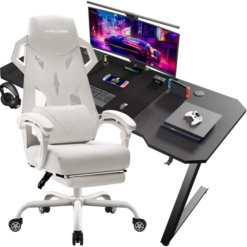 Chaise Gaming Transparente Ergonomique à Accoudoirs Synchronisés+Bureau Gamer 120 x 60 cm en Fibre de Carbone,Blanc - Gtplayer