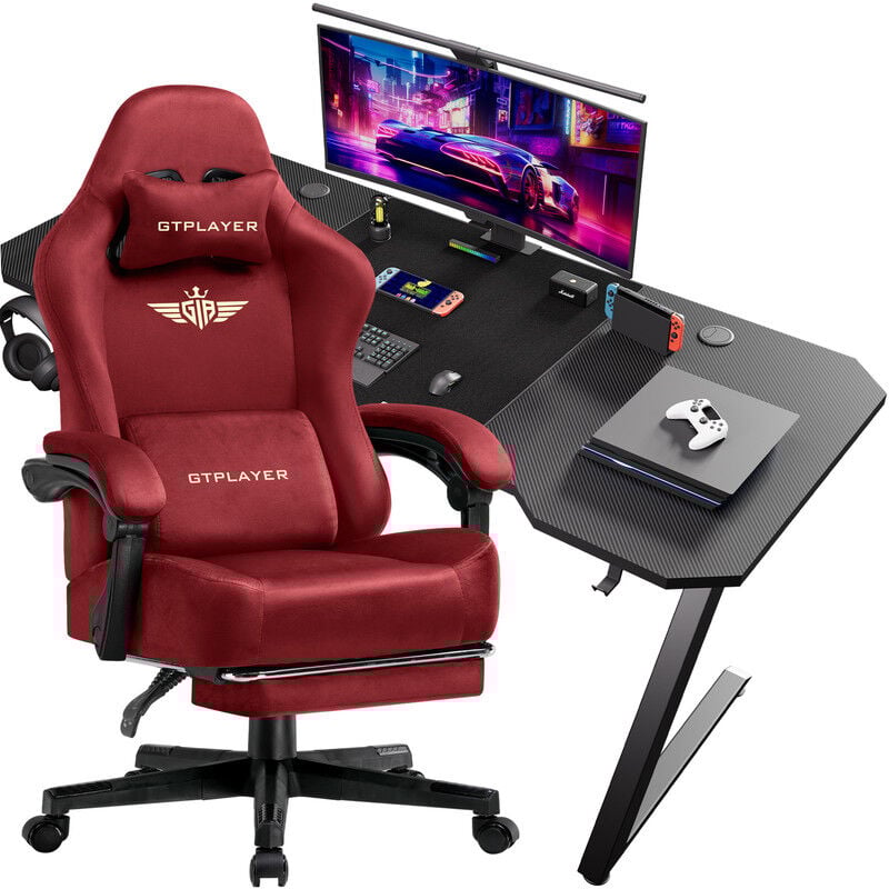 Gaming Bureau 120cm en Fibre de Carbone + Chaise Ergonomique Inclut Tapis de Souris, Crochet Casque et Repose-Pieds Télescopique,Rouge - Gtplayer