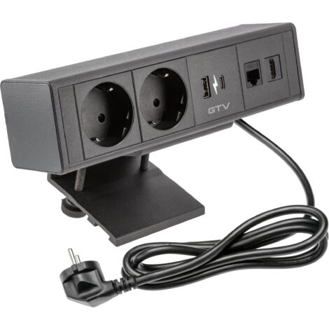 GTV - Presa per mobili bar, multipresa, 2 prese Schuko, 1 USB A, 1 USB C, 1 RJ45, 1 HDMI, cavo 1,5 m, colore nero, per scrivania, tavolo, cucina e ufficio