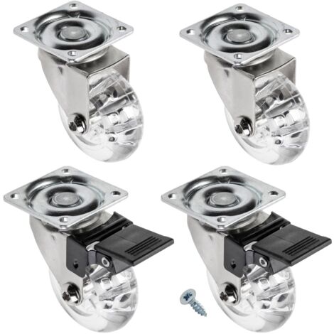 GTV - Ruote per mobili BRAZIL, ruote girevoli, set di 4 ruote per mobili: 2 ruote con freno, 2 senza freno, in acciaio e gomma, +16 viti coniche 4x17, diametro: 50 mm, colore: trasparente