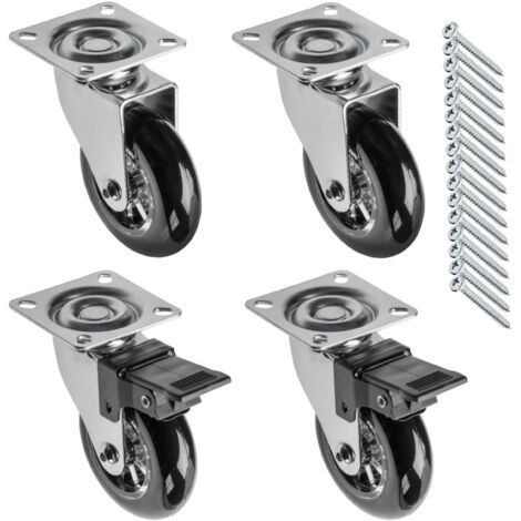 GTV - Ruote per mobili BRAZIL, ruote girevoli, set di 4 ruote per mobili: 2 ruote con freno, 2 senza freno, in acciaio e gomma, + 16 viti PanHead 5 x 15/16, diametro: 75 mm, colore: Nero