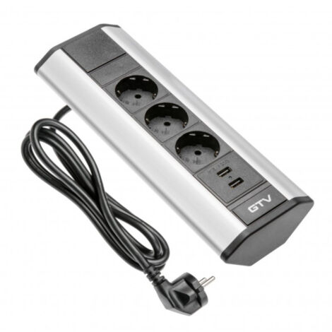 GTV Tischsteckdose 3x Schuko, 2x USB 2,1A 5V Silber