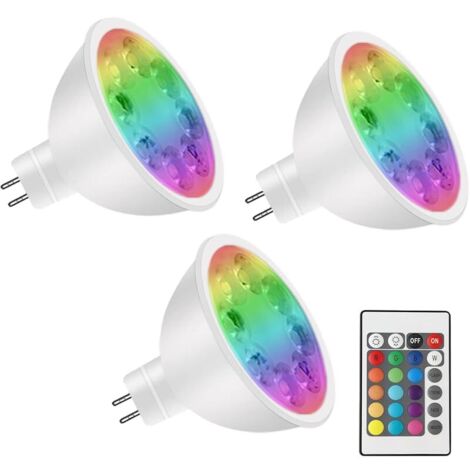 GU5.3 LED RGBW, ampoule 12V LED lampe MR16 changement de couleur, 4W GU5.3 RGBW base bi-broches, blanc chaud + 15 multicolore pour l’éclairage paysager (3 ampoules avec télécommande)