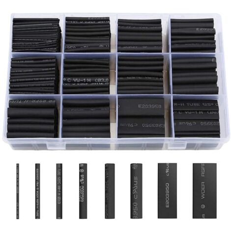 Guaina termorestringente 650 pezzi Guaina termorestringente nera 8 dimensioni Kit guaina termorestringente rapporto 2:1, Nero
