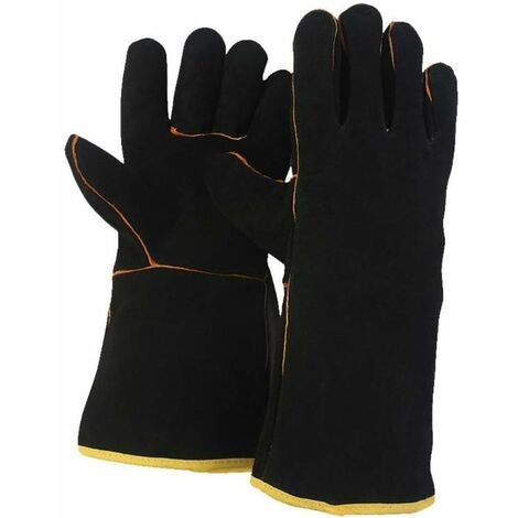 Guant résistant au feu résistant à la chaleur, gants de soudage haute température, gants thermiques pour soudeurs en cuir longs pour barbecue, mig, brûleur à bois, cheminée (noir)
