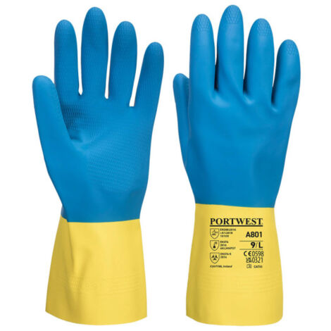 Guante de látex de doble capa relieve anti-resbalón Amarillo/Azul S