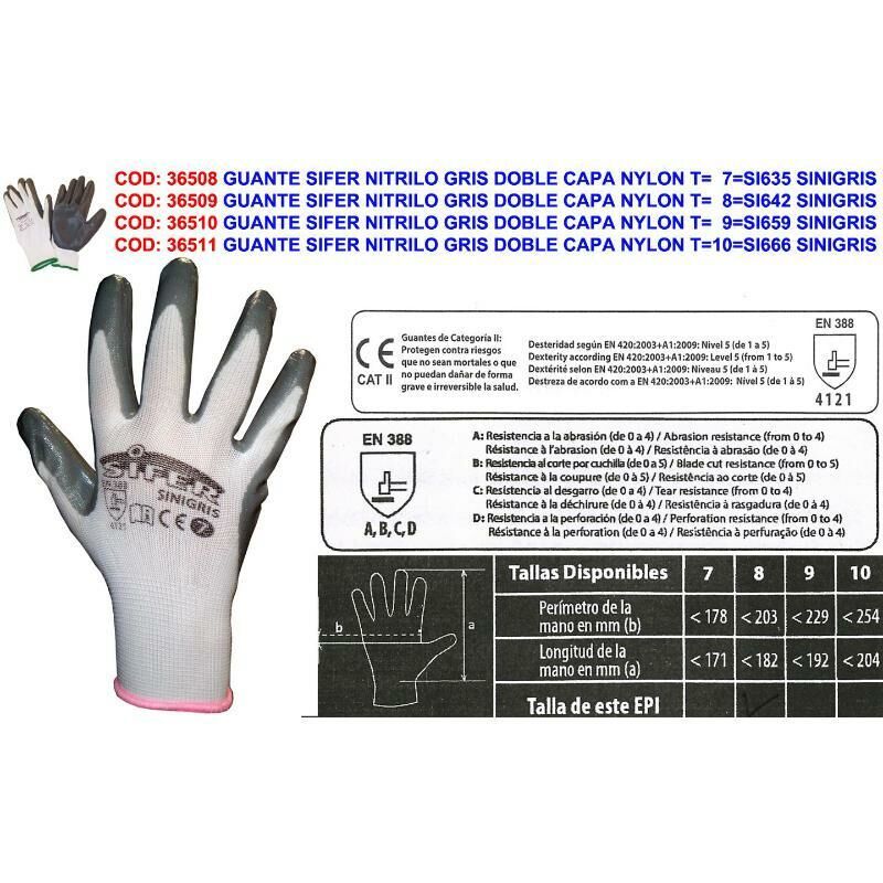 

guante sifer nitrilo gris doble capa nylon t 8 si642 sinigris (caja 12 unidades) - Mibricotienda