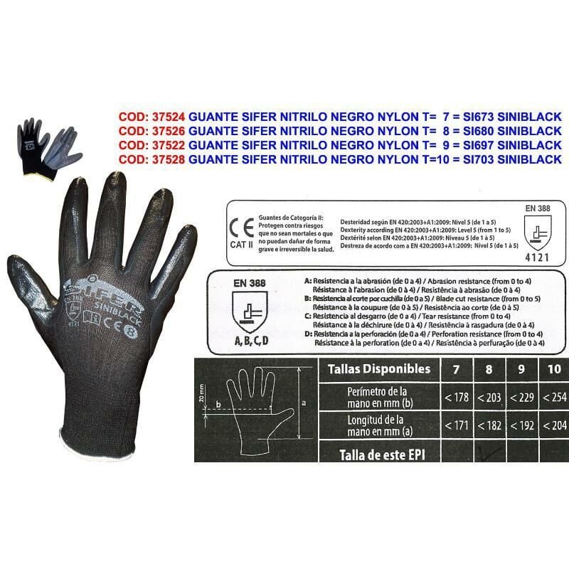 

guante sifer nitrilo negro nylon t 7 si673 siniblack (caja 12 unidades) - Mibricotienda