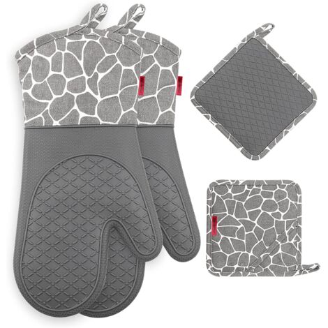 Guantes de cocina de silicona, guantes resistentes al calor para barbacoa, 1 par y 2 agarraderas, perfectos para asar a la parrilla, barbacoa, cocinar y hornear (gris).