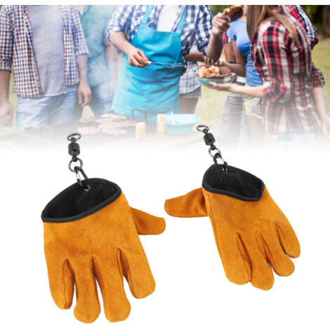 Guantes de cuero resistentes al calor para cocinar, asar a la parrilla, hacer barbacoas, ahumar y pescar – Amarillo, par doble con accesorios