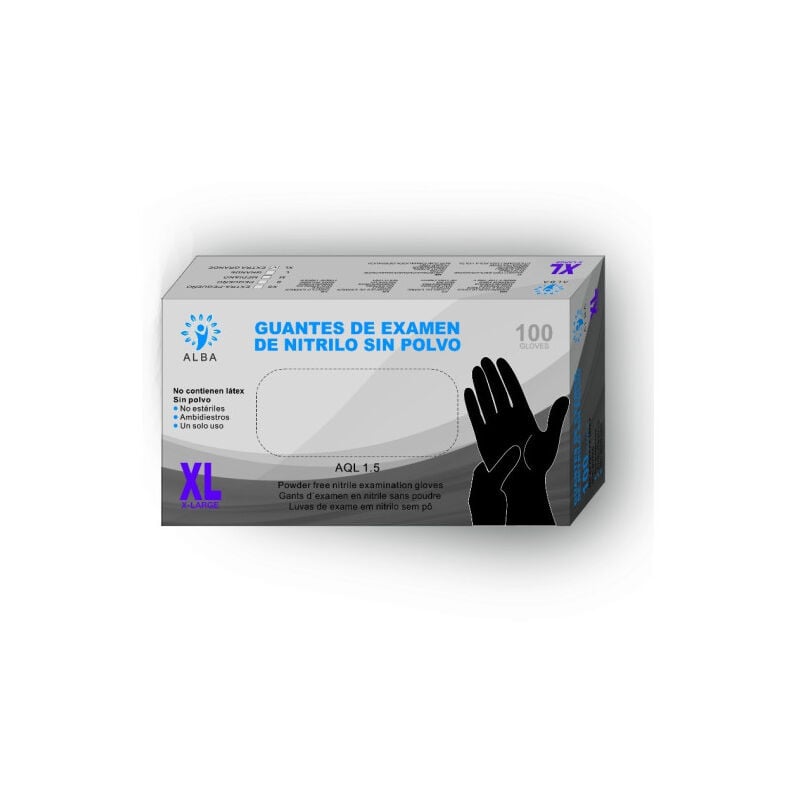 

Guantes de examen de nitrilo sin polvo 100 Unidades (Negro) | XL - Alba