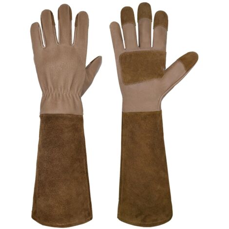 Guantes de jardinería para hombre y mujer, guantes largos resistentes a las espinas, de piel de cerdo, transpirables y duraderos (talla S, marrón).