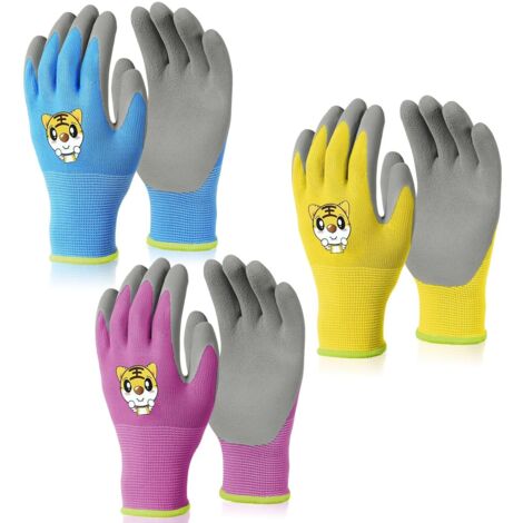 Guantes de jardinería para niños, 3 pares de guantes de jardinería de seguridad para niños menores de 5 años, palma de goma resistente al agua y a la suciedad, protege las manos de su hijo