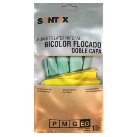 Guantes de menaje en látex con el interior forrado de algodón flocado. Color verde y amarillo. Palma y dedos texturizados para un mayor agarre en moja