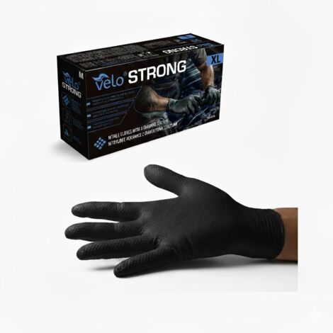 Guantes de nitrilo VELO "XL" STRONG negros con textura de diamante, paquete de 50 unidades.