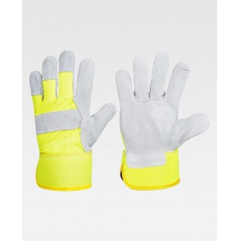 Guantes de protección de piel serraje de palma con manguito de tela WORKTEAM G2205 10 Gris+Amarillo A.V.