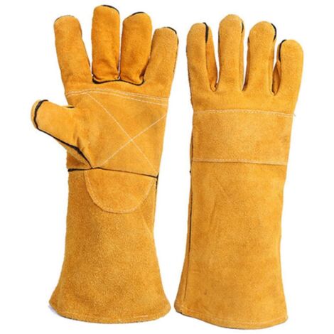 Guantes de soldadura de cuero resistentes al calor, manga larga, protección aislante para cocina, barbacoa y soldadura, paquete de 35 cm, color amarillo.
