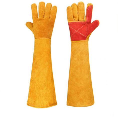 Guantes de trabajo antimordeduras (amarillos) de 60 cm, de cuero duradero para baño, aseo y manejo de animales.