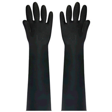 Guantes industriales de látex de 60 cm de largo, resistentes a los ácidos, gruesos, largos, de goma negra (1 par)