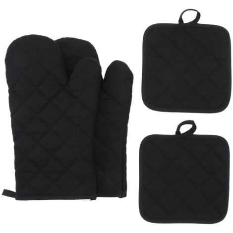 Guantes largos de cocina de algodón grueso, resistentes a altas temperaturas (500 grados), juego de cuatro piezas con salvamanteles (30 cm, negro).