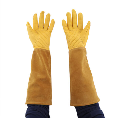 Guantes largos impermeables de piel de oveja para jardinería con refuerzo acolchado - amarillo, talla M