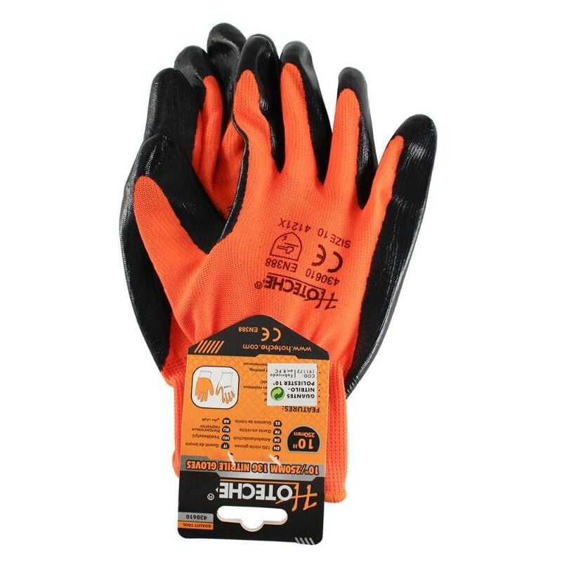 HOTECHE guantes nitrilo poliester talla 10 par , Guantes de nitrilo/poliéster Hoteche Recubierto de látex Acabado arrugadoTalla 10EN 388 CEColor